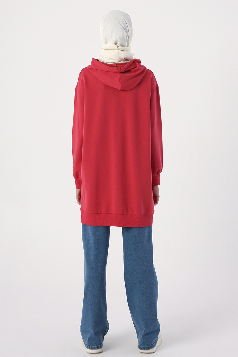 Oversize Colorful Lace Pocket Detail Hooded Sweat Tunic