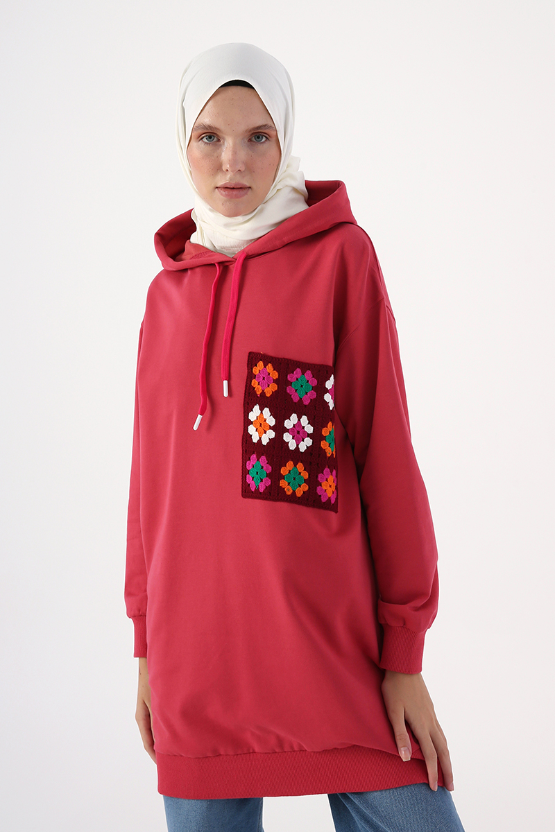 Oversize Colorful Lace Pocket Detail Hooded Sweat Tunic