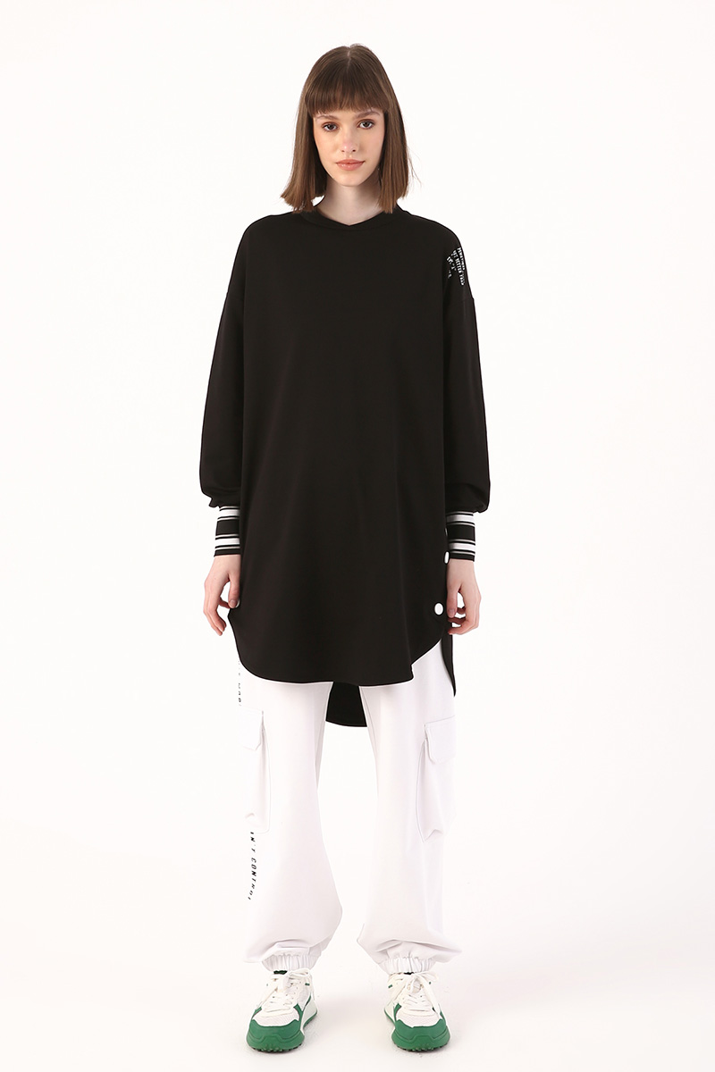 Oversize Ribbed Snap Fastener Printed Tunic