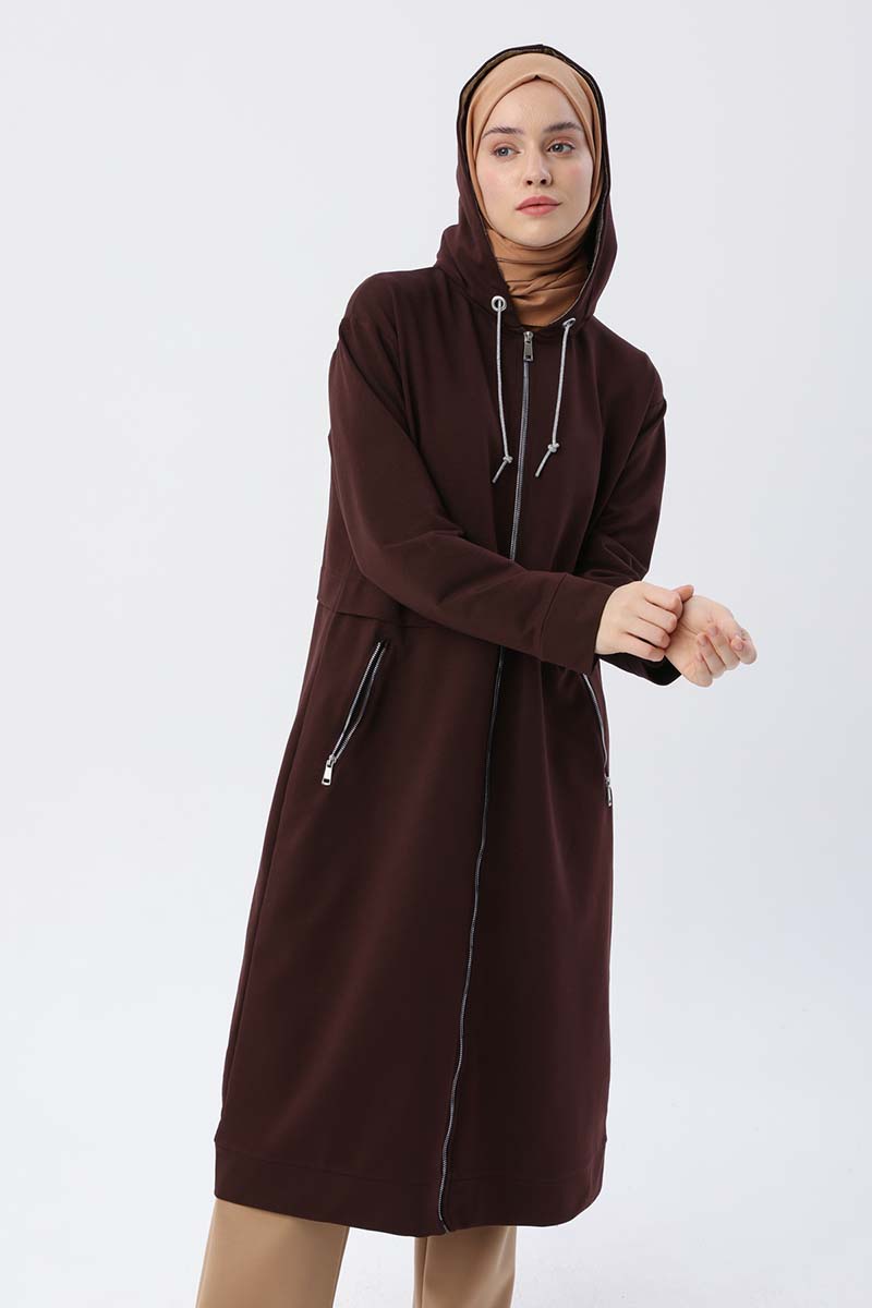 Long Sweat Cardigan With Silvery Garnished Zip