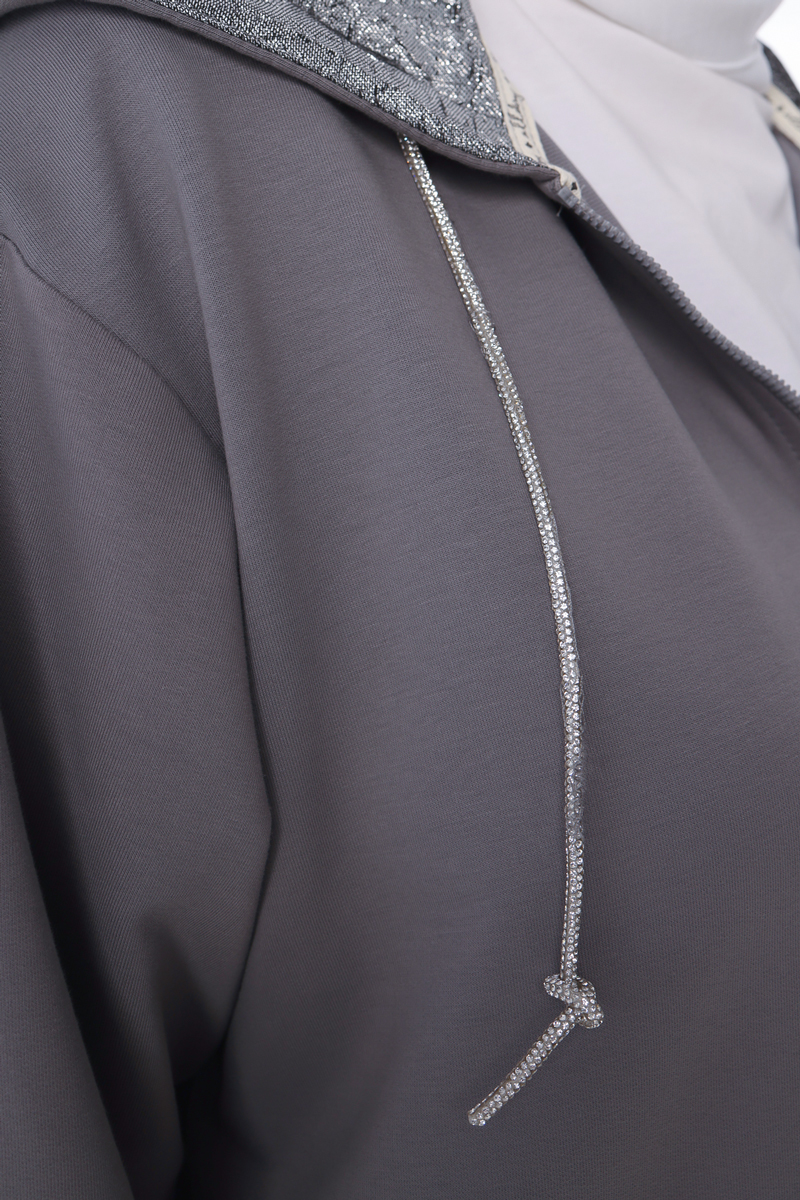 Long Sweat Cardigan With Silvery Garnished Zip