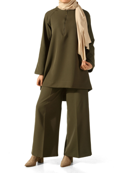 Zipper Front Embroidered Blouse and Pants Set