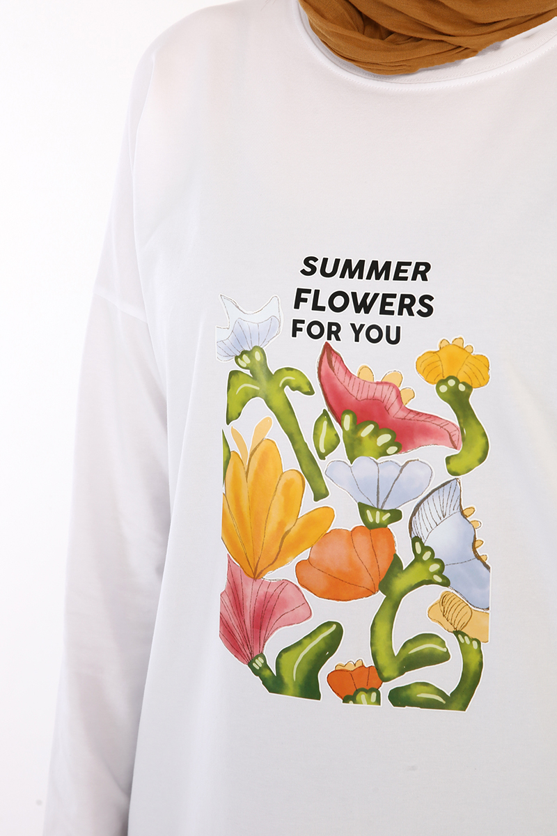 Comfy Summer Flowers Printed Long Sleeve T-Shirt Tunic