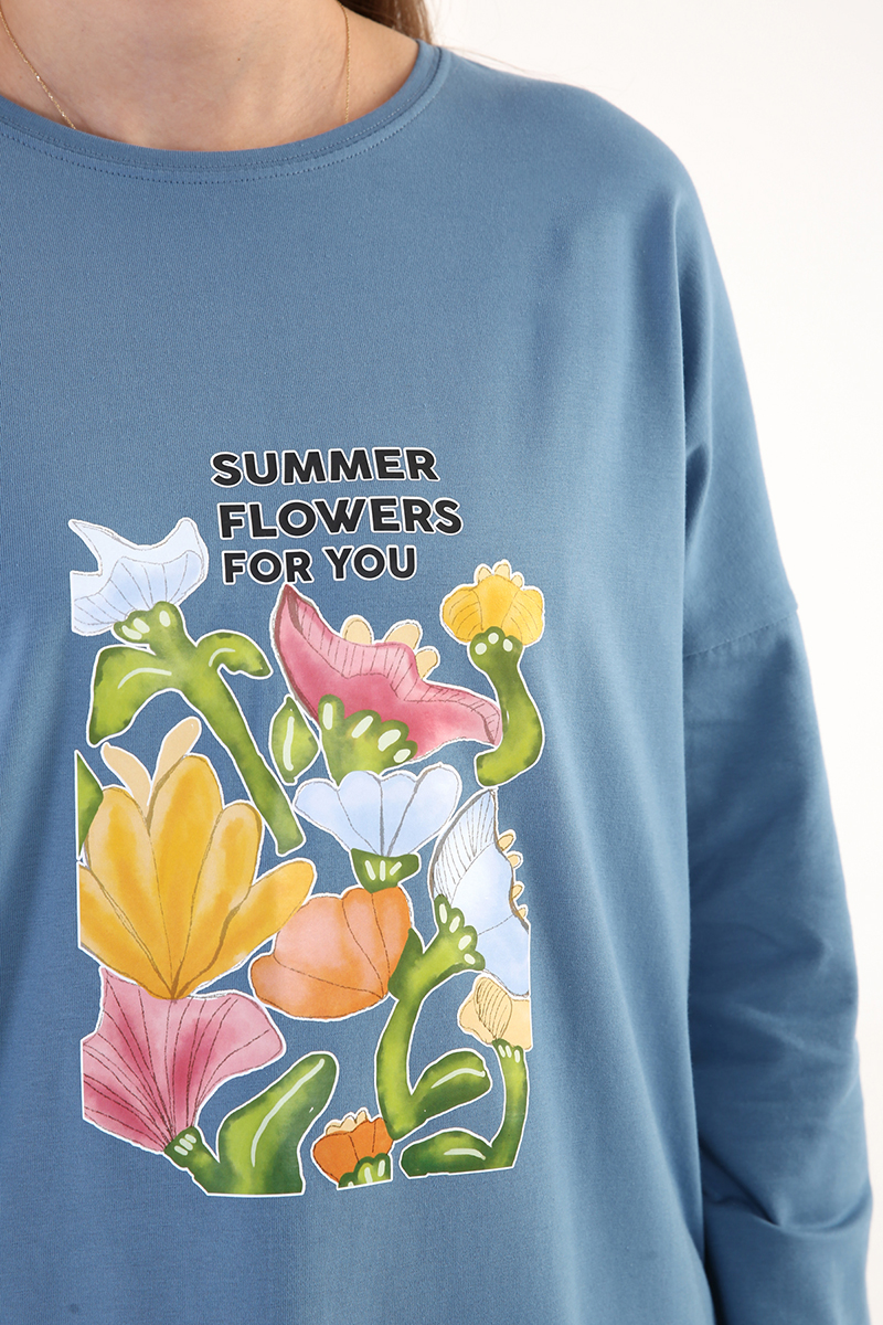 Summer Flowers Baskılı Uzun Kollu T-Shirt Tunik
