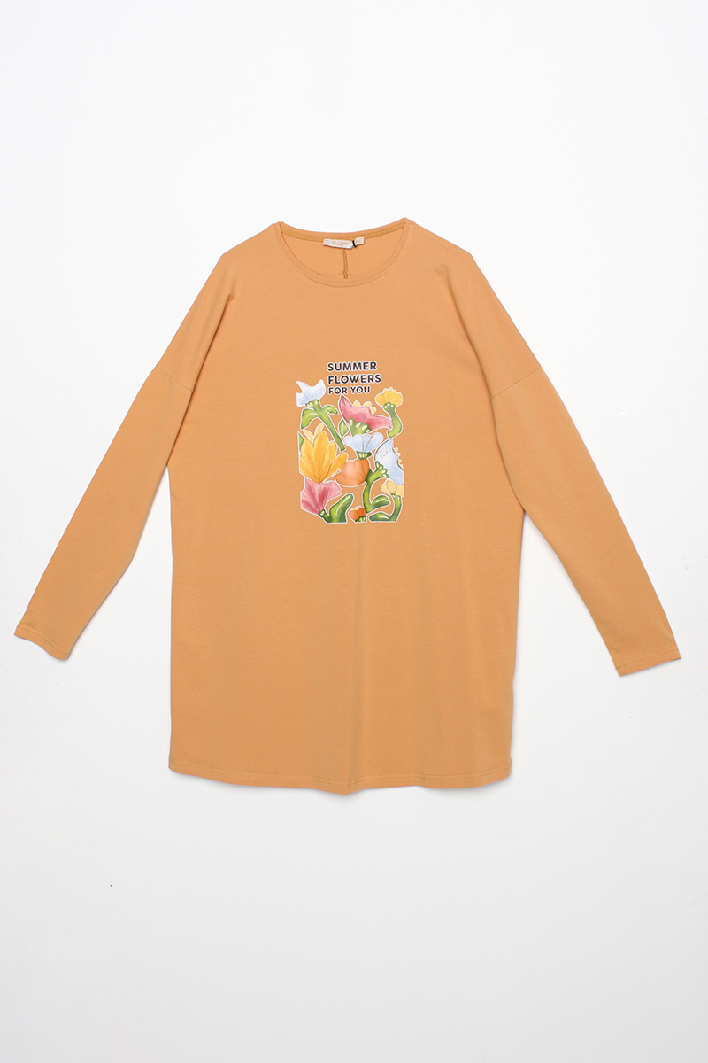 Summer Flowers Baskılı Uzun Kollu T-Shirt Tunik