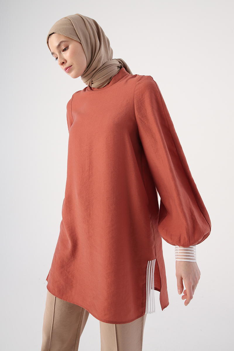 Tulle Elastic Detailed Straight Collar Natural Fabric Tunic