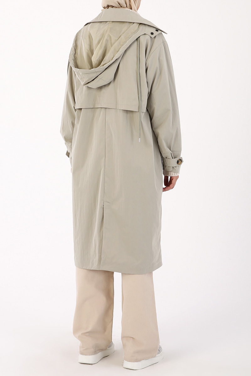 Hooded Button Front Long Trench Coat