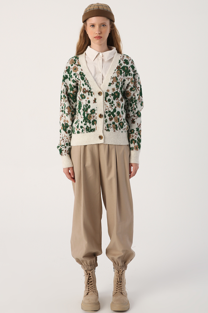 V-Neck Floral Patterned Casual Short Knitwear Cardigan