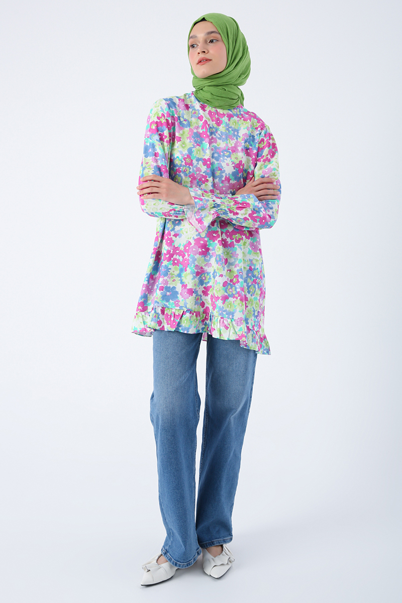 Frilled Patterned Tunic With Viscose Skirt And Sleeves