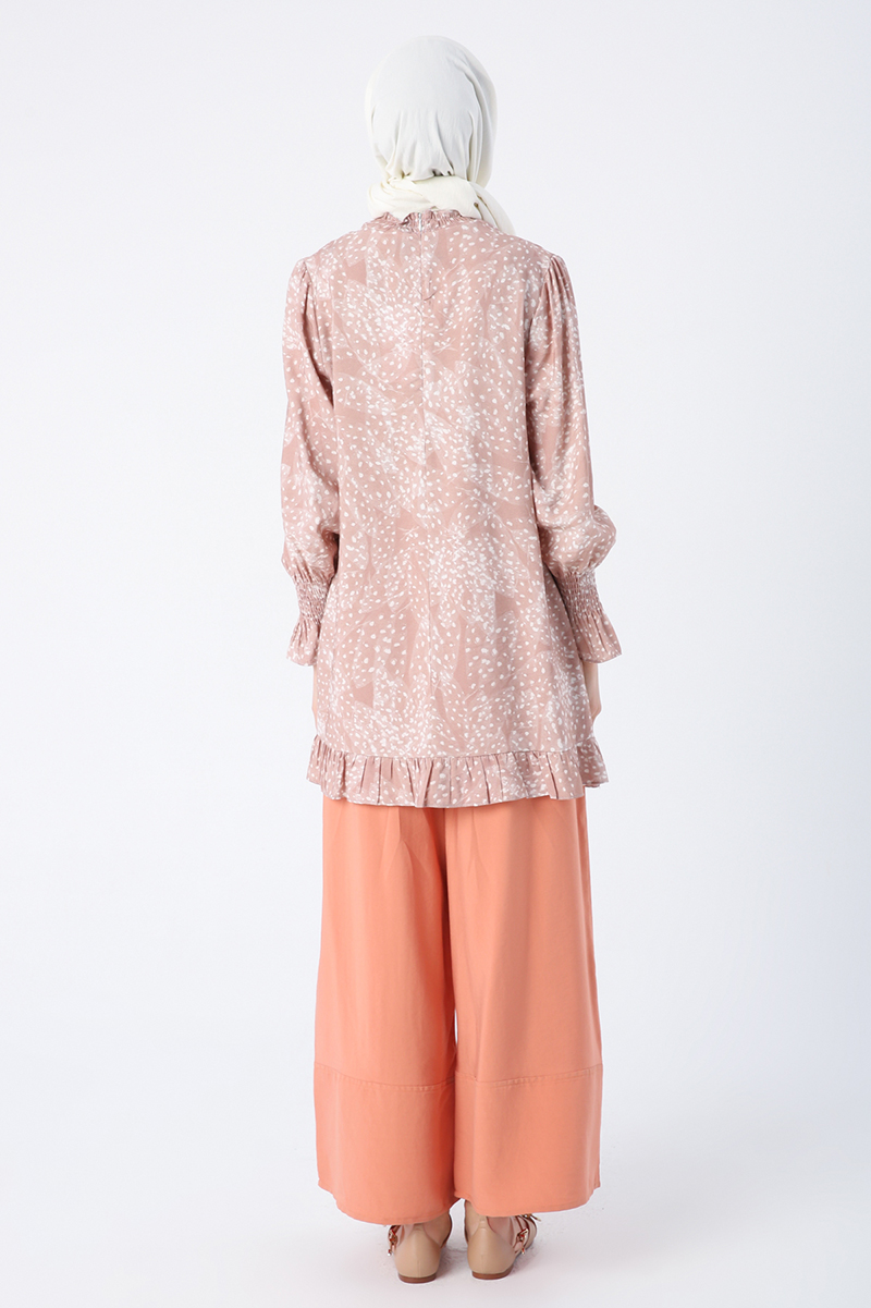 Frilled Patterned Tunic With Viscose Skirt And Sleeves