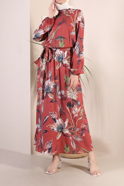 Desenli Kuşaklı Viskon Elbise