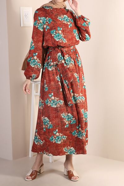 Desenli Kuşaklı Viskon Elbise