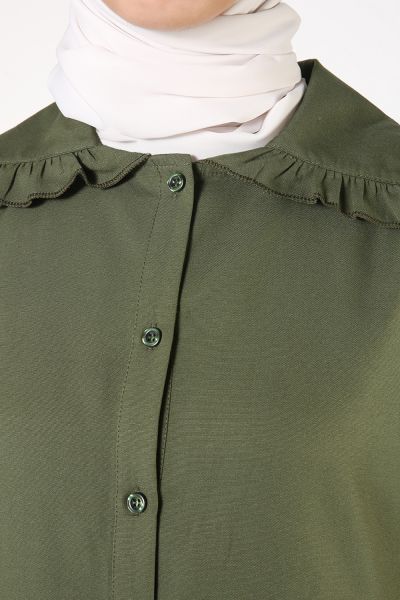 Yaka Fırfırlı Düğmeli Pileli Gömlek Tunik