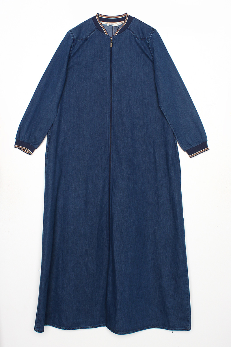 100% Cotton Collar And Sleeve Rib Knit Deni Abaya
