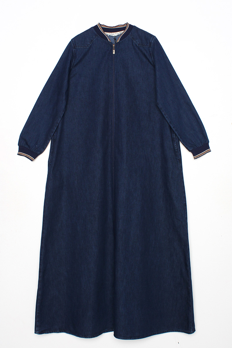 100% Cotton Collar And Sleeve Rib Knit Deni Abaya