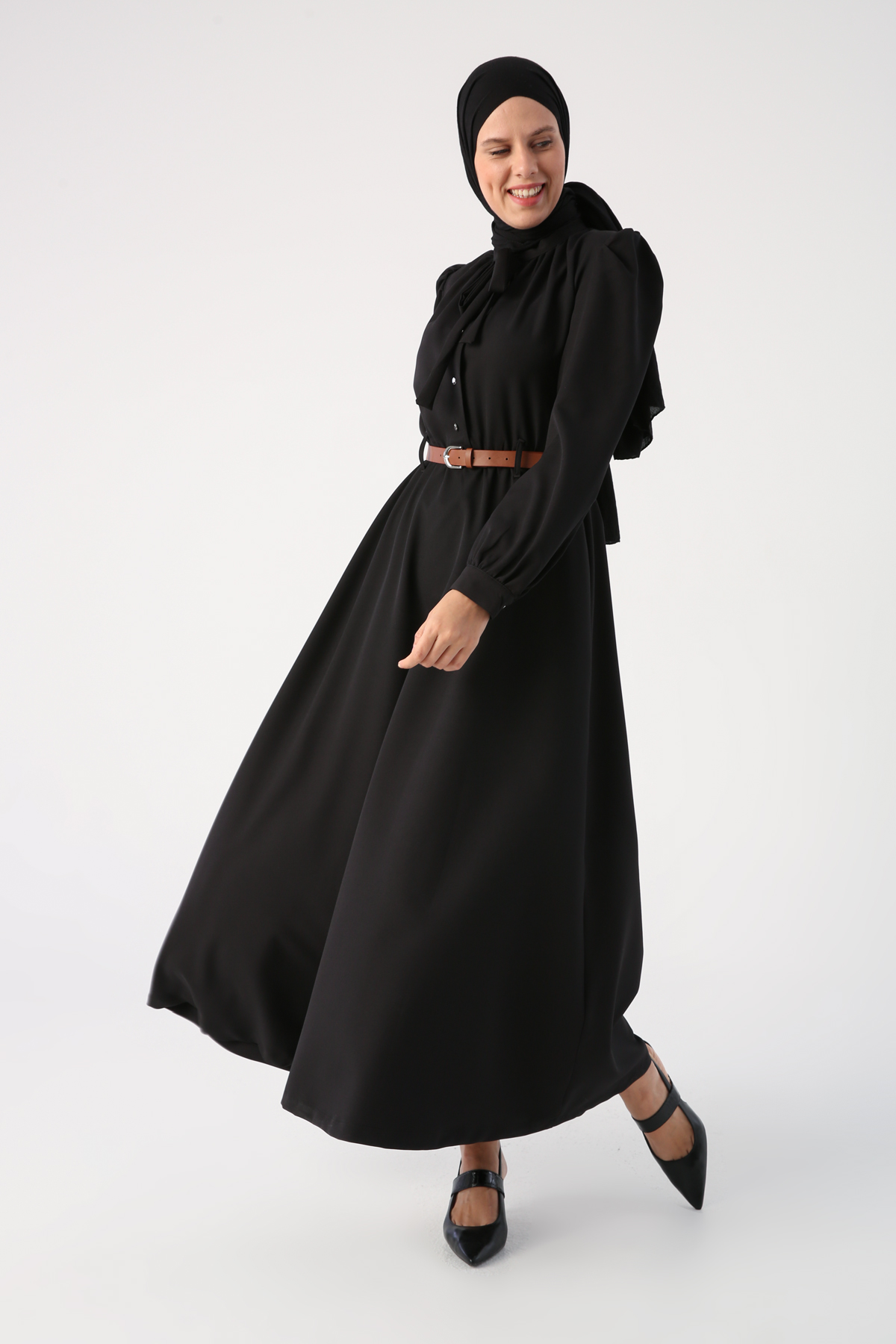 Lace-Up Collar Half Pleated Belted Dress