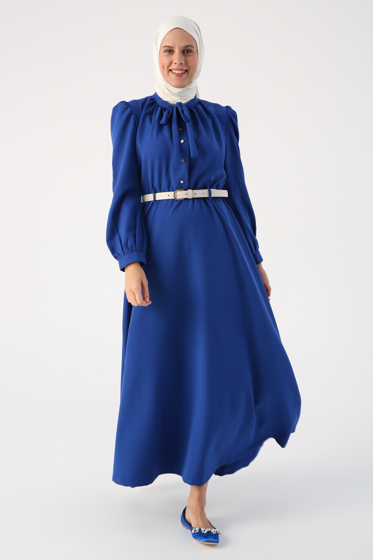 Lace-Up Collar Half Pleated Belted Dress