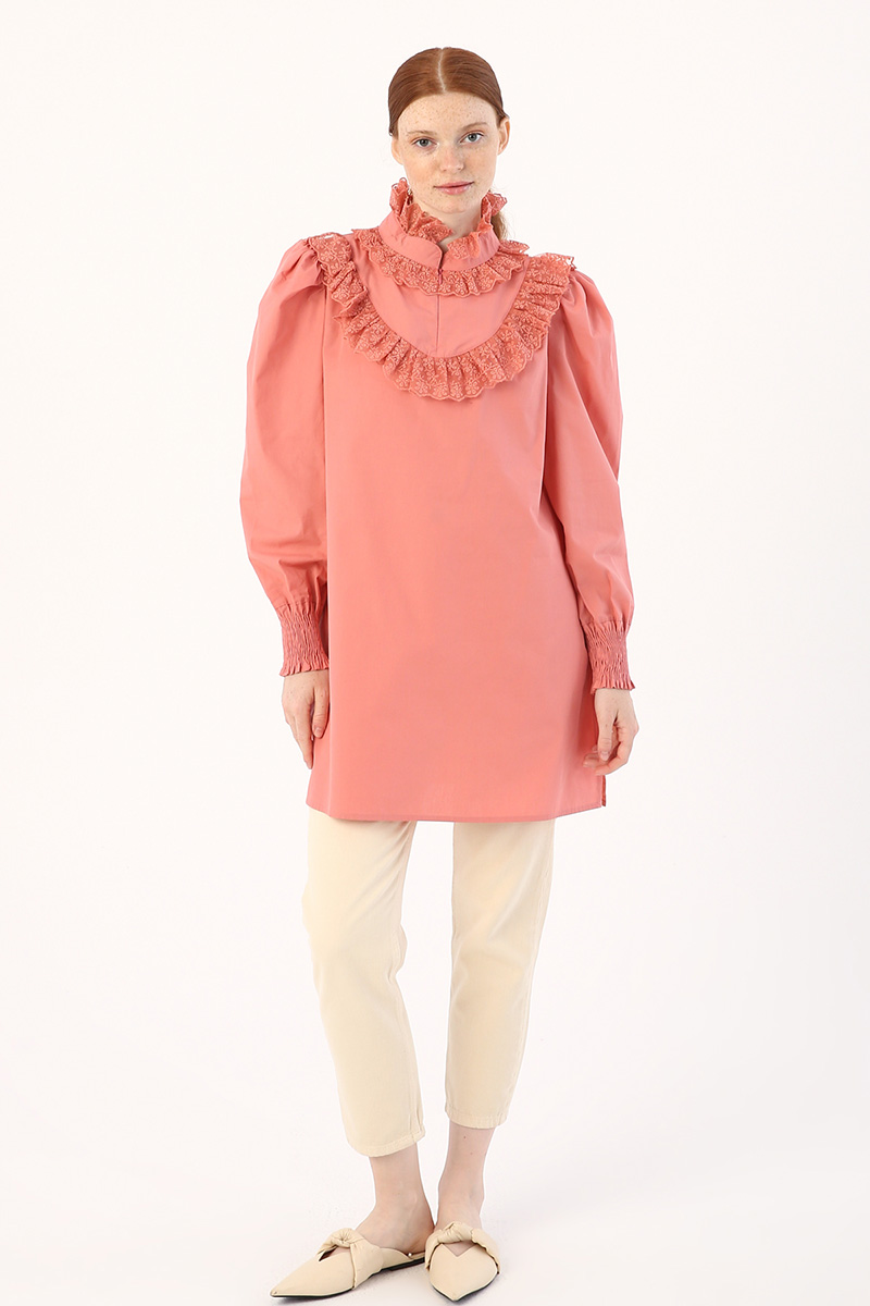 100% Cotton Collar Ruched Sleeve Tunic