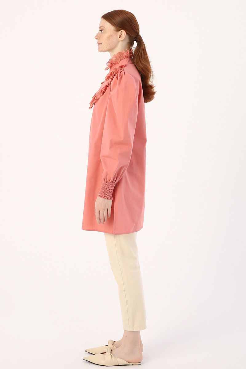 100% Cotton Collar Ruched Sleeve Tunic
