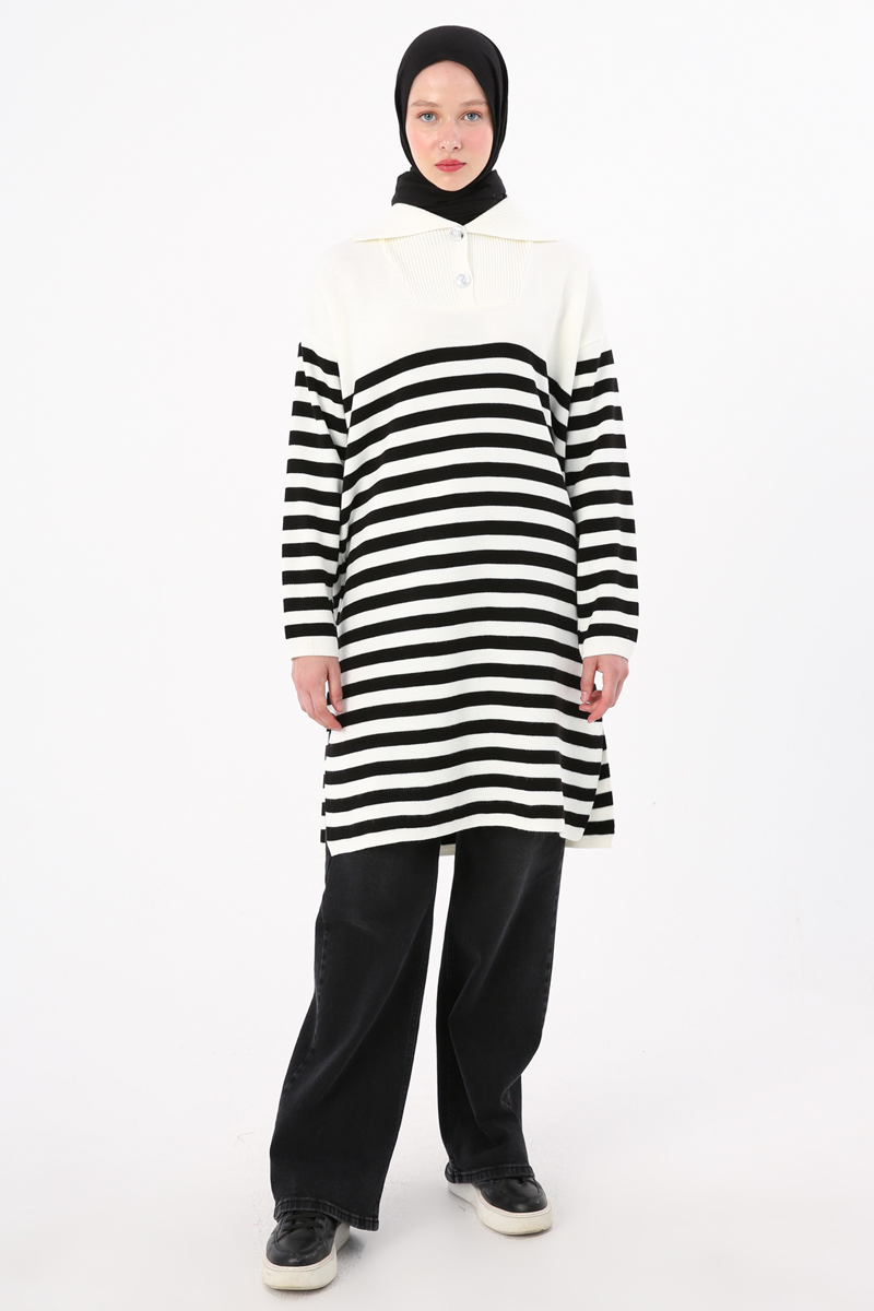 Buttoned Collar Striped Knitwear Tunic
