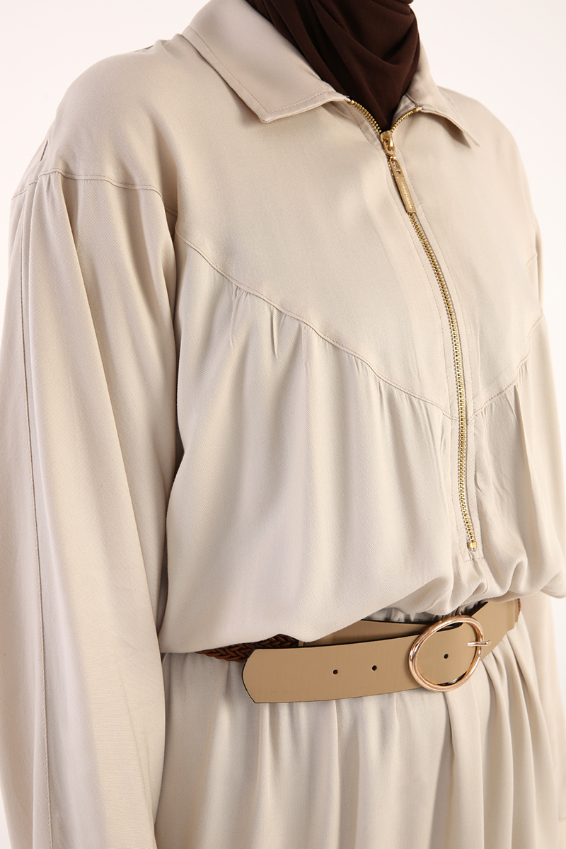 Zipper Collar Self Belted Long Viscose Dress
