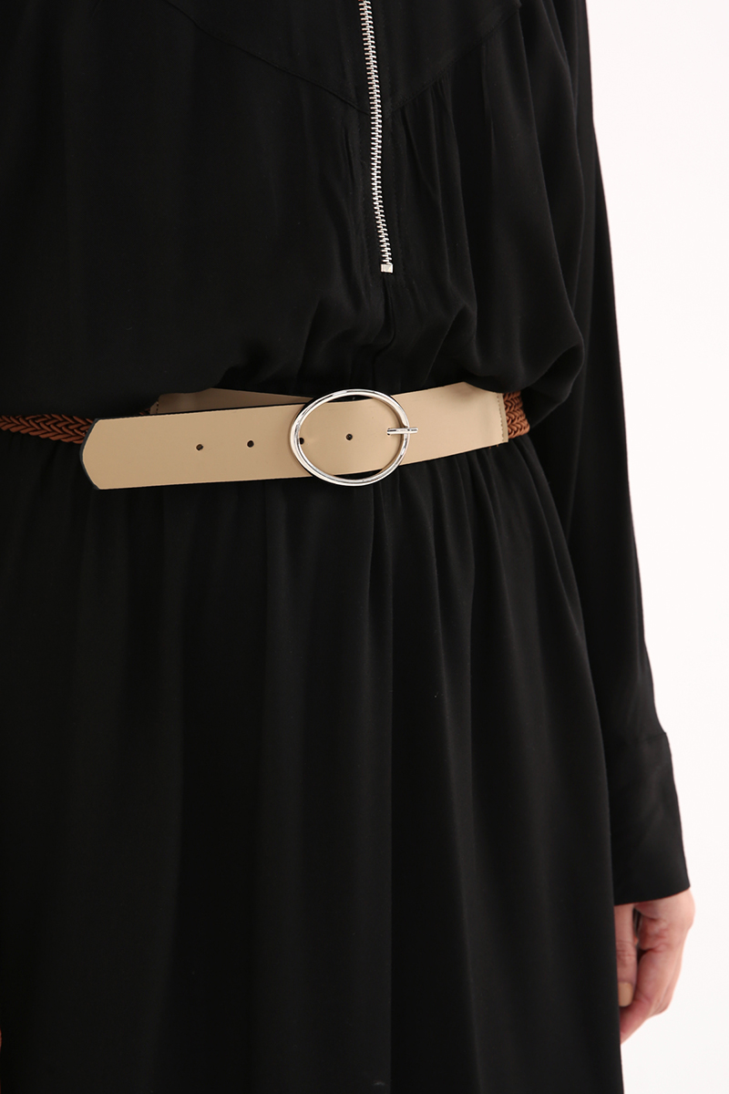 Zipper Collar Self Belted Long Viscose Dress