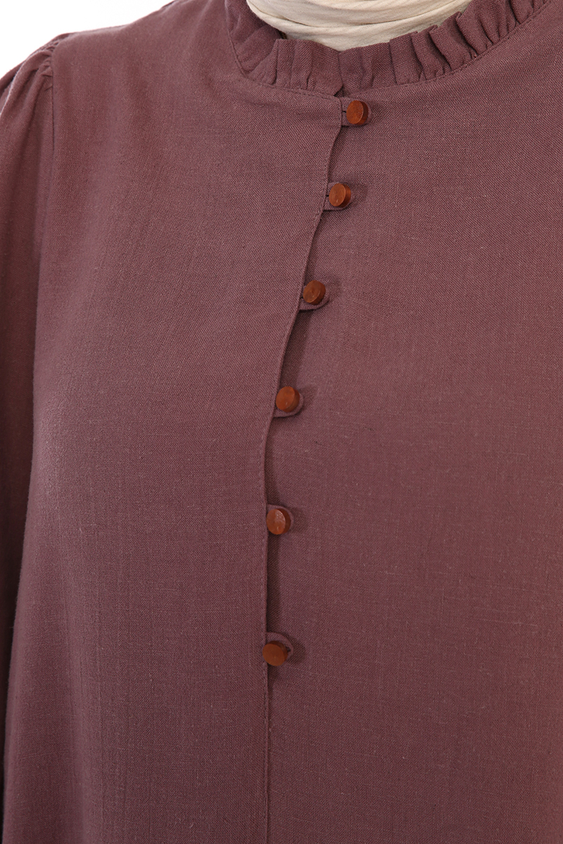 Ruffle Neck Button Front Linen Tunic