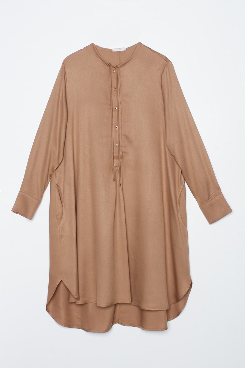 Half-Pleated Viscose Tunic with Channel on the Collar