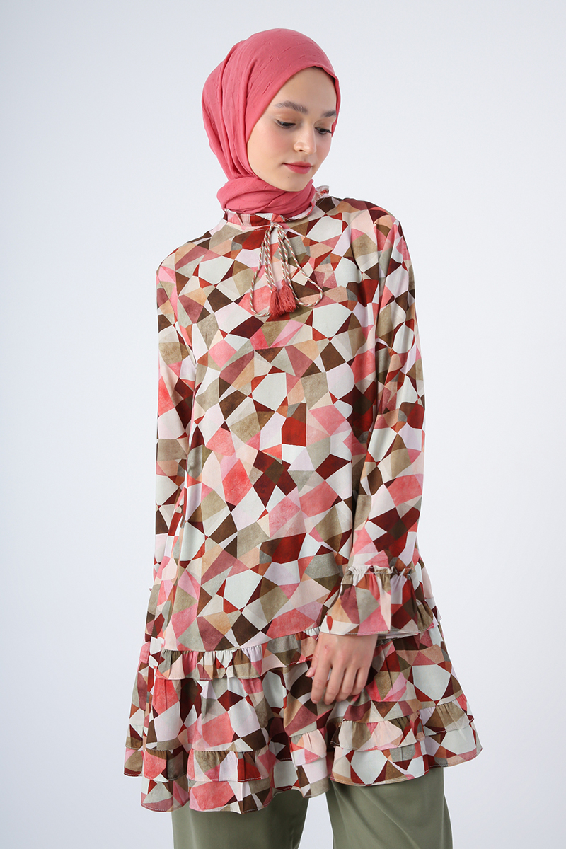 Patterned Viscose Tunic With Frill Collar Sleeves And Skirt Zipper Closure