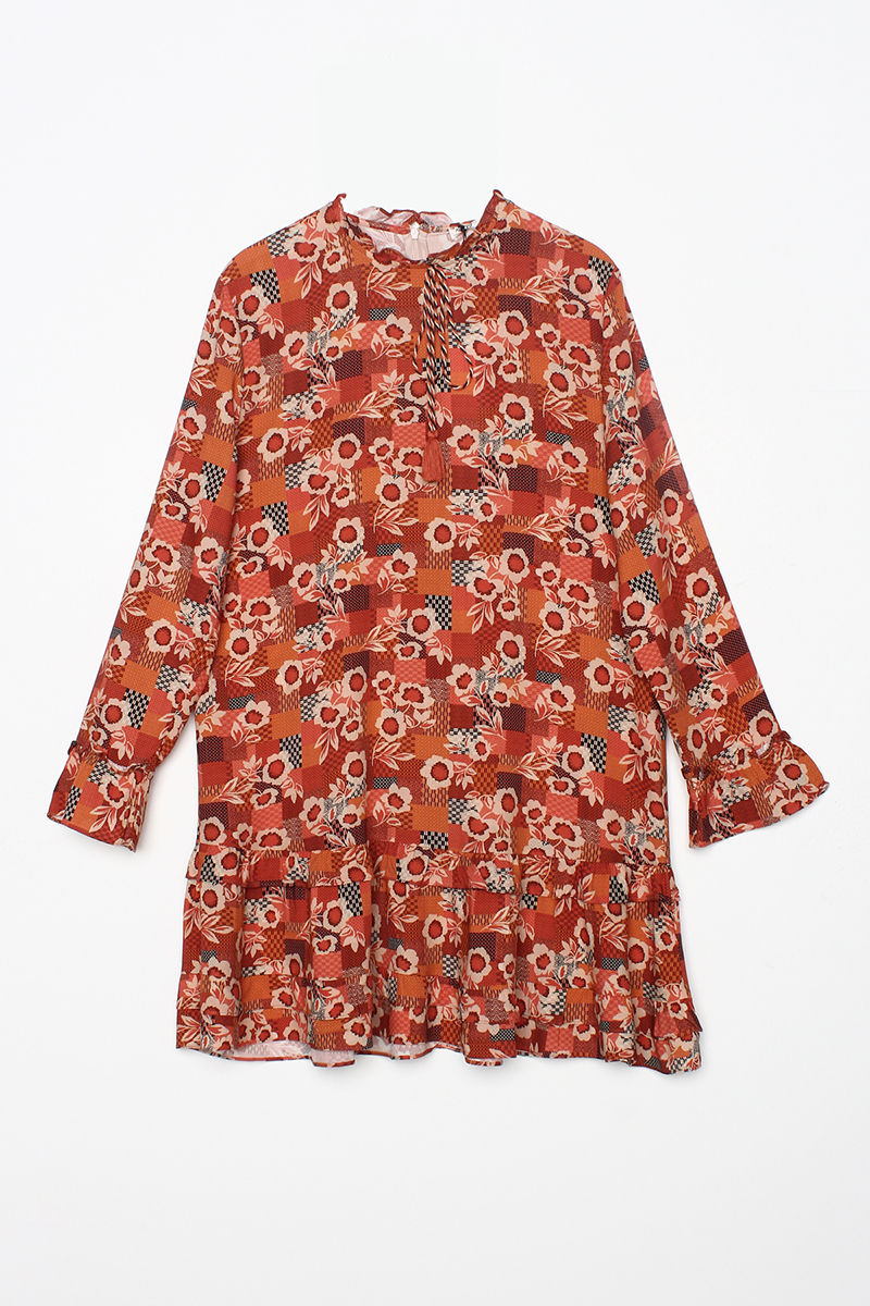 Patterned Viscose Tunic With Frill Collar Sleeves And Skirt Zipper Closure