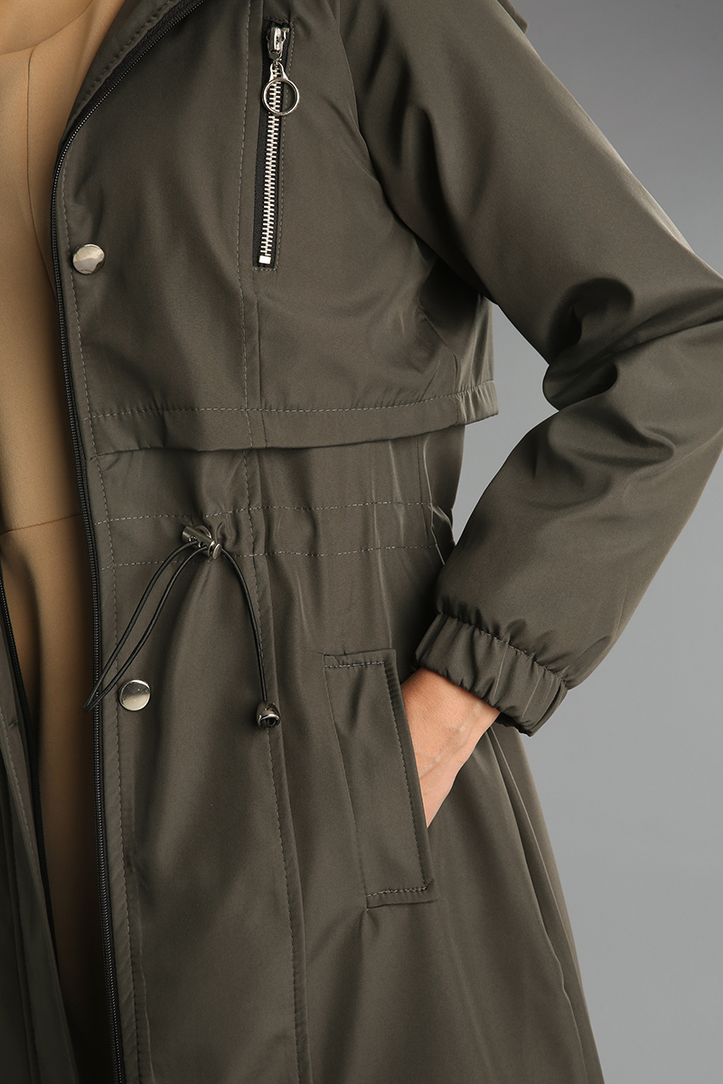 Hooded Button and Zipper Detailed Long Coat