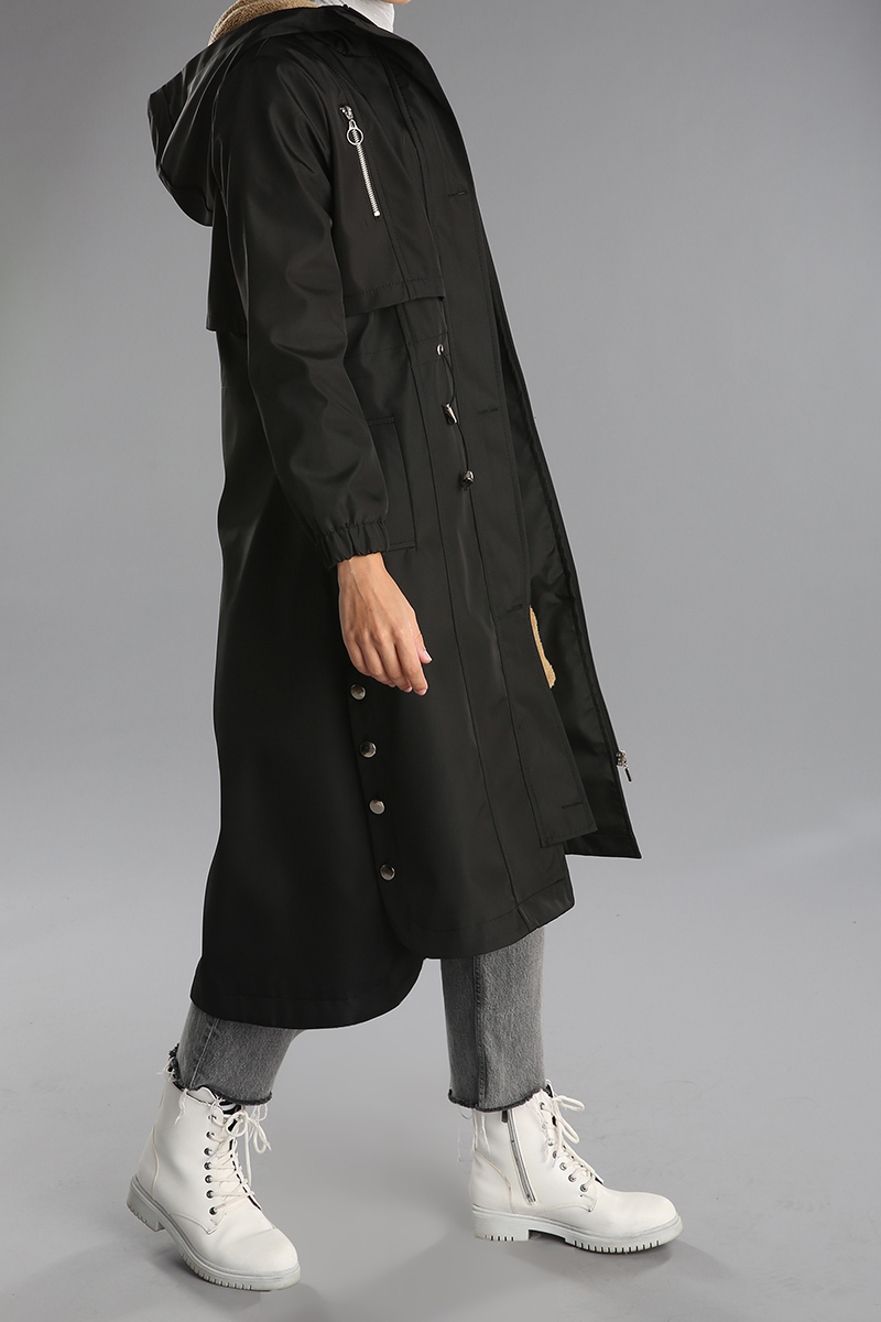 Hooded Button and Zipper Detailed Long Coat