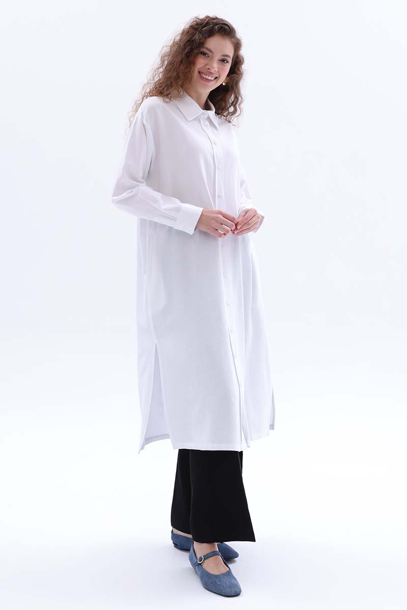 Linen Shirt Tunic with Side Slits and Pockets
