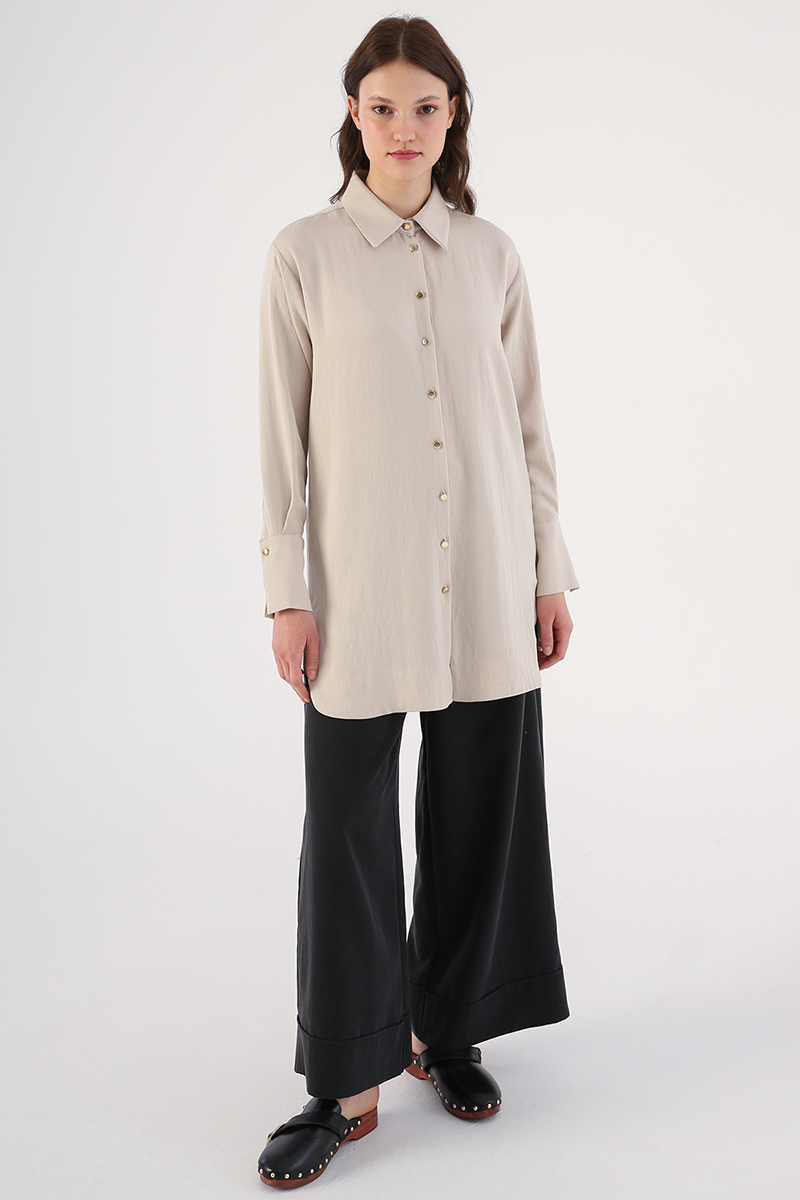 Metal Buttoned Shirt Tunic with Side Slits