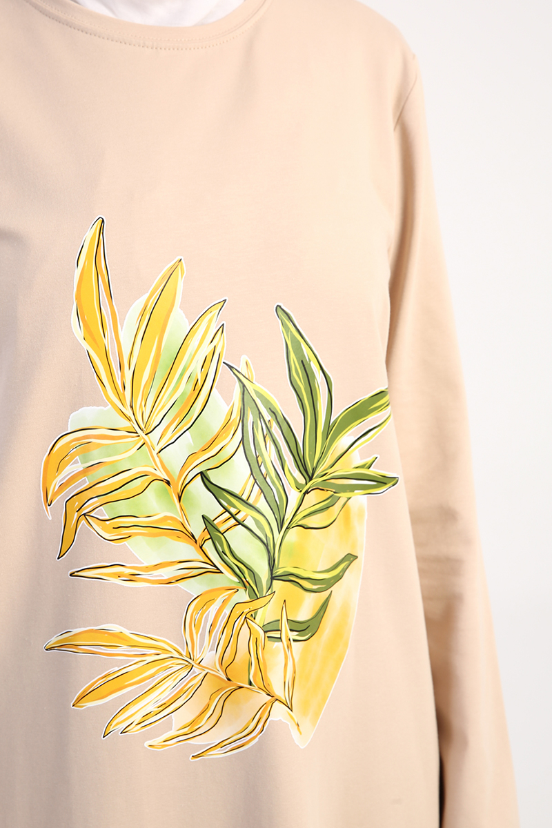 Yaprak Baskılı Uzun Kollu T-Shirt Tunik