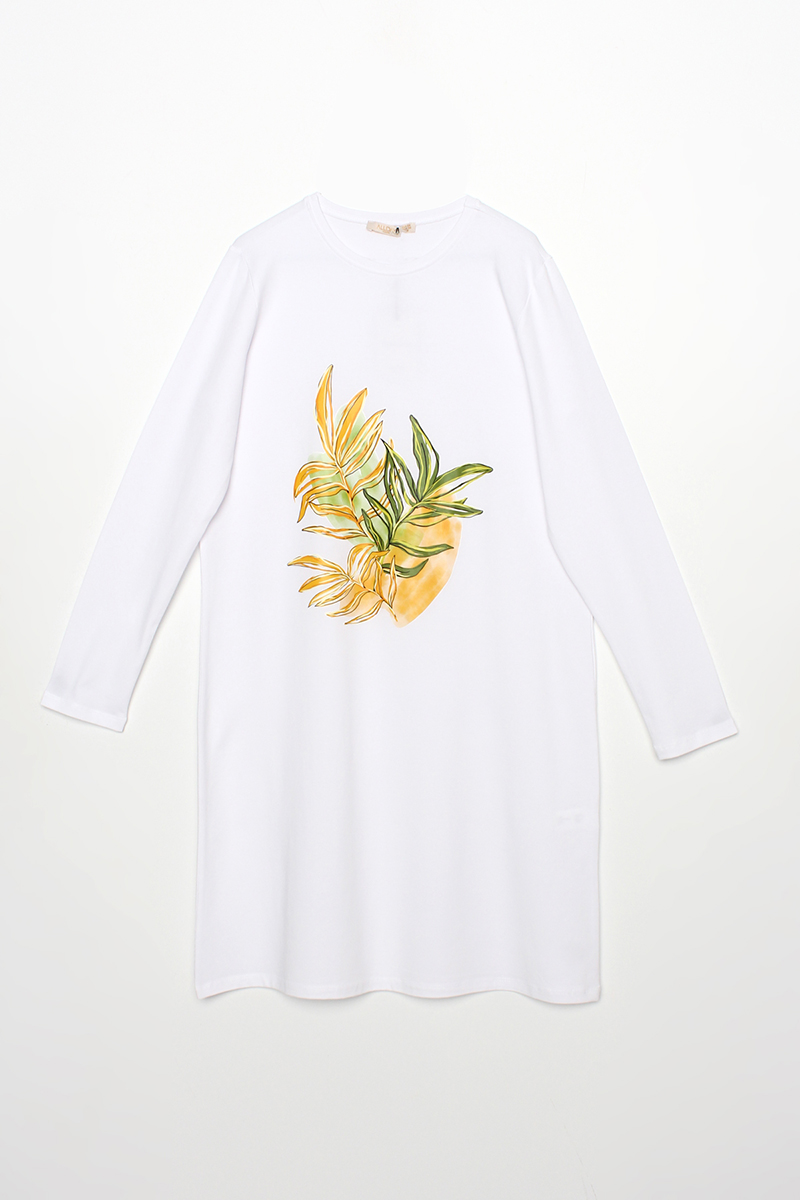Yaprak Baskılı Uzun Kollu T-Shirt Tunik