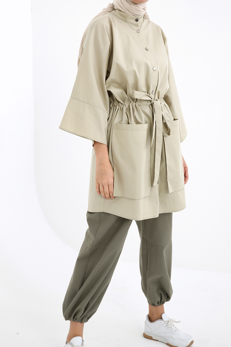 Batwing Sleeve Belted Tunic With Pockets