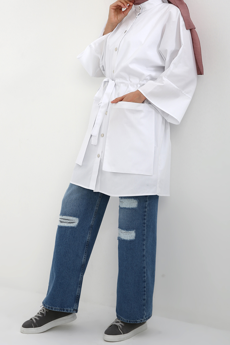 Batwing Sleeve Belted Tunic With Pockets