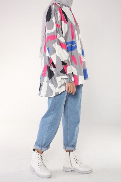 Batwing Sleeve Patterned Blouse