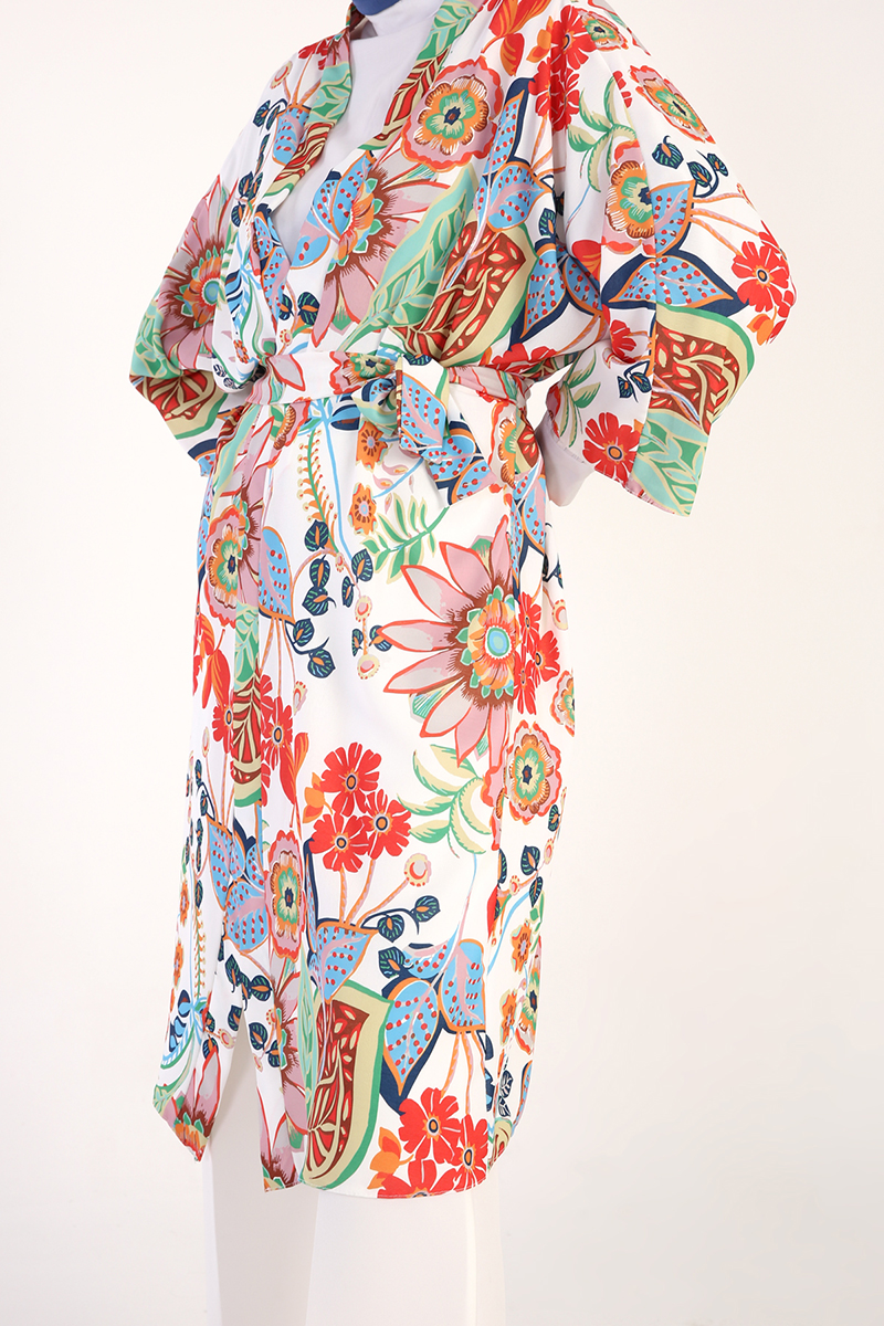 Batwing Sleeve Floral Self Belted Kimono