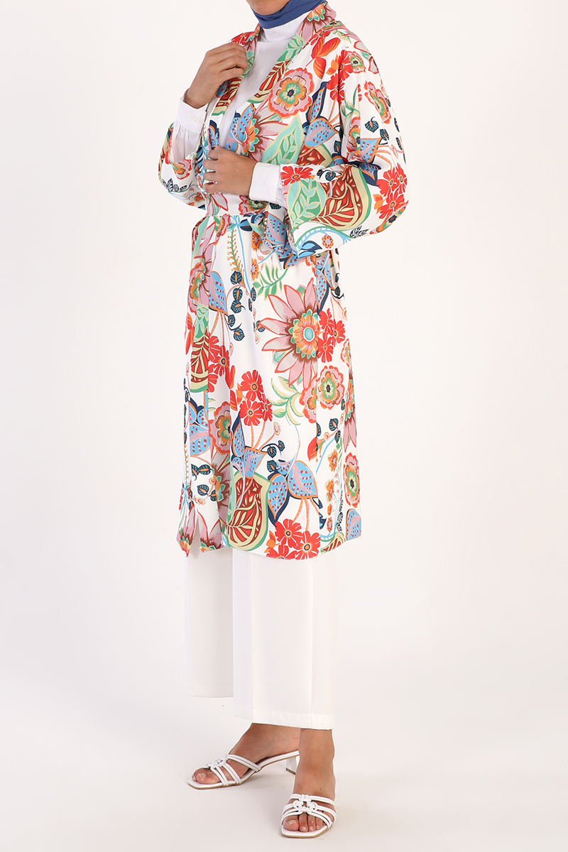 Batwing Sleeve Floral Self Belted Kimono