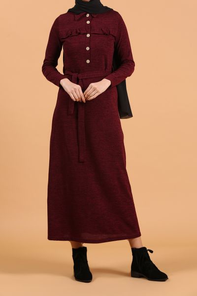 Self Belted Button Front Long Dress