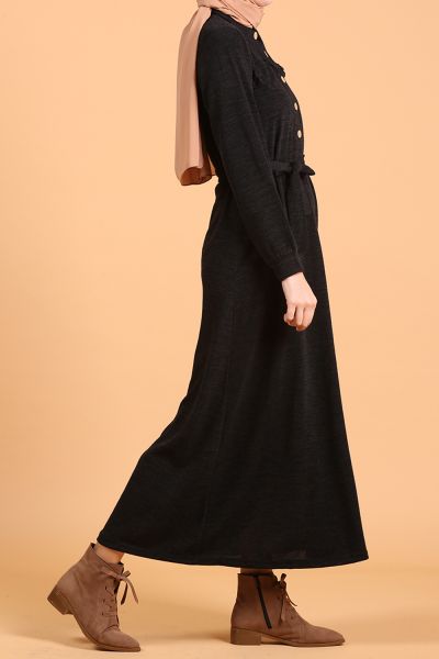 Self Belted Button Front Long Dress