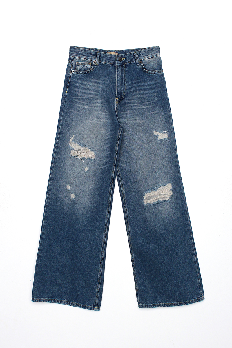 100% Cotton Ripped Detailed Wide Leg Denim Trousers