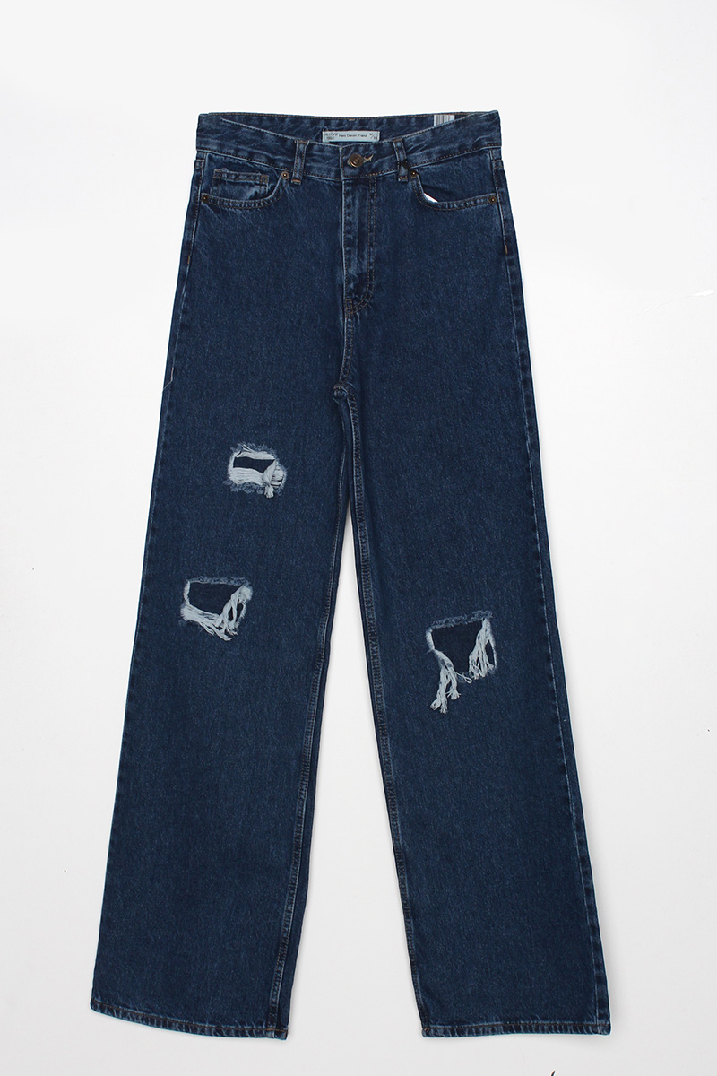  100% Cotton High Waist Ripped Detail Jean Pants