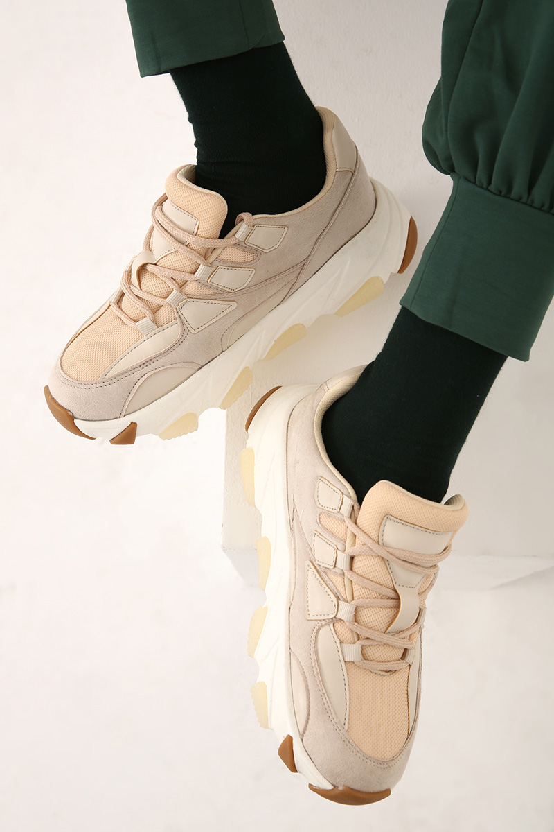 Lace Up Mesh Panel Color Block Sneakers